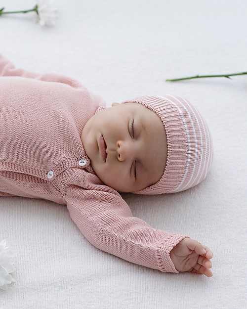 Petit Oh! Cappello Neonato Lavorato a Maglia, Rosa a Righe - 100% Cotone Cappelli Invernali