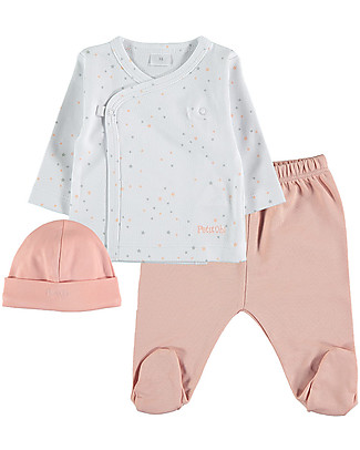 Petit Oh! Completo Baby 3 Pezzi Mati: Pantaloni + Maglia + Cappellino - Mix Star Rose - 100% Cotone Pima Set Regalo_
