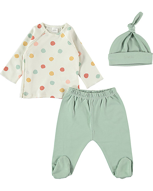 Petit Oh! Completo Baby 3 Pezzi: Pantaloni + Maglia + Cappellino Boni - Pois Multicolor - Cotone Pima Completi e Set