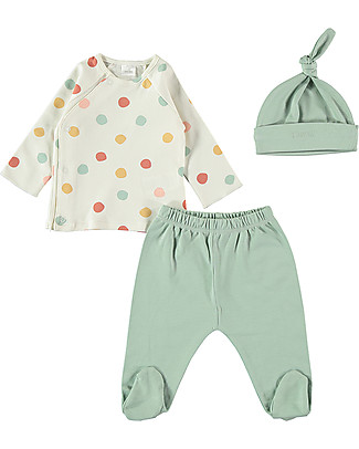 Petit Oh! Completo Baby 3 Pezzi: Pantaloni + Maglia + Cappellino Boni - Pois Multicolor - Cotone Pima Set Regalo