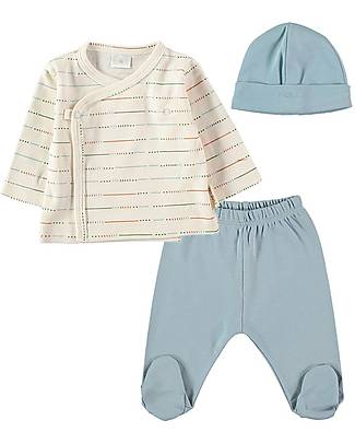 Petit Oh! Completo Baby Mati Pantaloni Maglia Cappellino - Onda Blu - 100% Cotone Pima Completi e Set