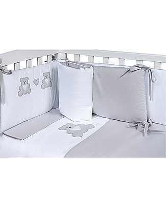 Picci Rivestimento per Lettino/Culla Lella - Orso Cuore - Bianco/Grigio - Include Piumino+Federa+Paracolpi+Coprimaterasso Set Copripiumino
