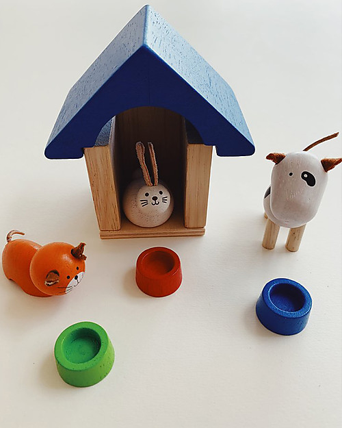 PlanToys Animali in Legno con Accessori - Cane, Gatto e Coniglio! Giochi Creativi