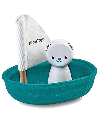 PlanToys Barchetta Galleggiante in Legno, Orso polare 9x12x13 cm - Ecologica e divertente! Giochi Bagno