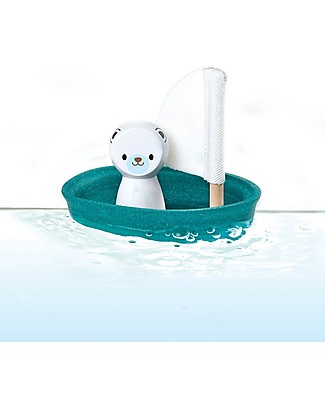 PlanToys Barchetta Galleggiante in Legno, Orso polare 9x12x13 cm - Ecologica e divertente! Giochi Bagno