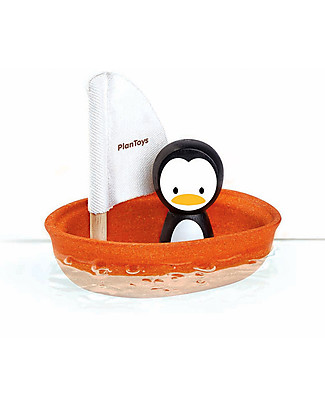 PlanToys Barchetta Galleggiante in Legno, Pinguino 9 x 12 x 13 cm - Ecologica e divertente! Giochi Da Spiaggia_