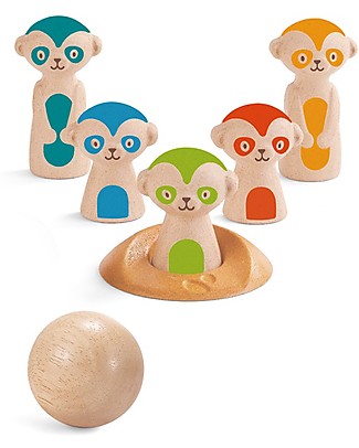 PlanToys Bowling Suricato in Legno, 7 pezzi - Eco-friendly e divertente! Giochi all'Aperto