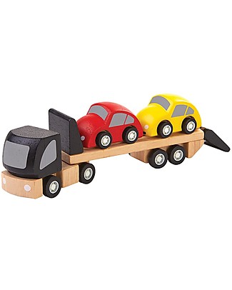 PlanToys Camion Giocattolo per Trasporto Auto in Legno - Macchinine Incluse! Macchine e Trenini in Legno