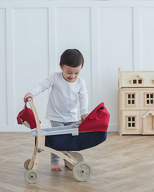 PlanToys Carrozzina per le Bambole in Legno - Fronte strada e Fronte Mamma Carrozzine per Bambole