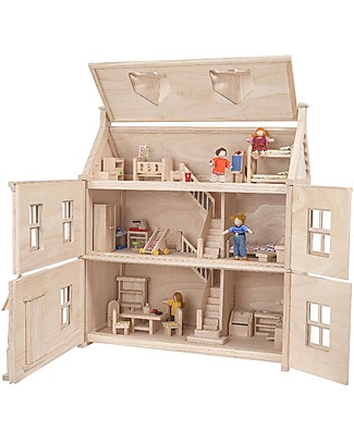 PlanToys Casa delle Bambole in Legno Stile Vittoriano - 2 piani + attico - 64x32x72 cm Case delle Bambole