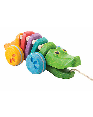 PlanToys Coccodrillo Click-Clack, Giocattolo da Tirare in Legno, Arcobaleno - Ecologico e divertente! Trainabili