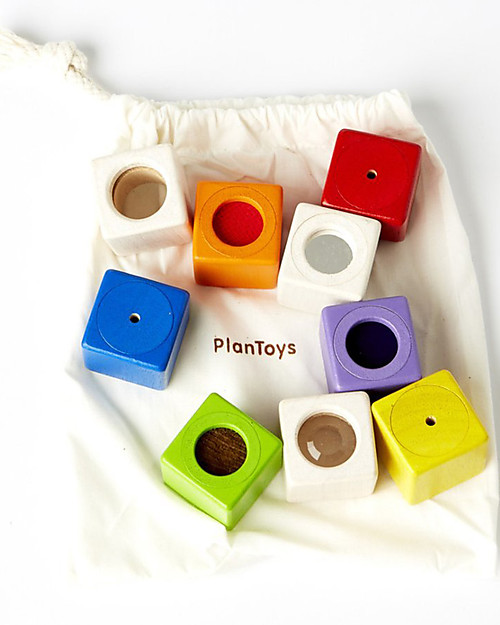 PlanToys Cubi Sensoriali in Legno - Sviluppo Visivo, Uditivo e Tattile Costruzioni in Legno