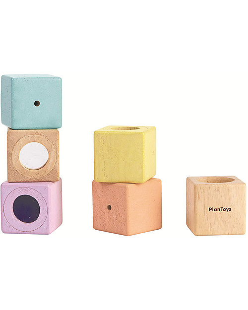 PlanToys Cubi Sensoriali in Legno - Sviluppo Visivo, Uditivo e Tattile Giochi Montessoriani