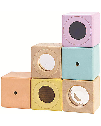 PlanToys Cubi Sensoriali in Legno - Sviluppo Visivo, Uditivo e Tattile Mattoncini da costruzione