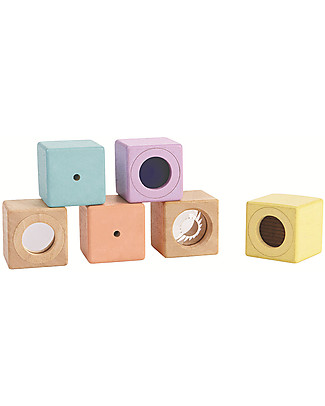 PlanToys Cubi Sensoriali in Legno - Sviluppo Visivo, Uditivo e Tattile Mattoncini da costruzione