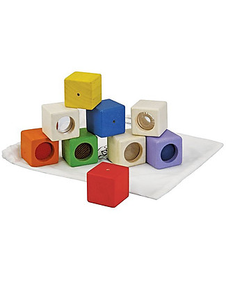 PlanToys Cubi Sensoriali in Legno - Sviluppo Visivo, Uditivo e Tattile Mattoncini da costruzione