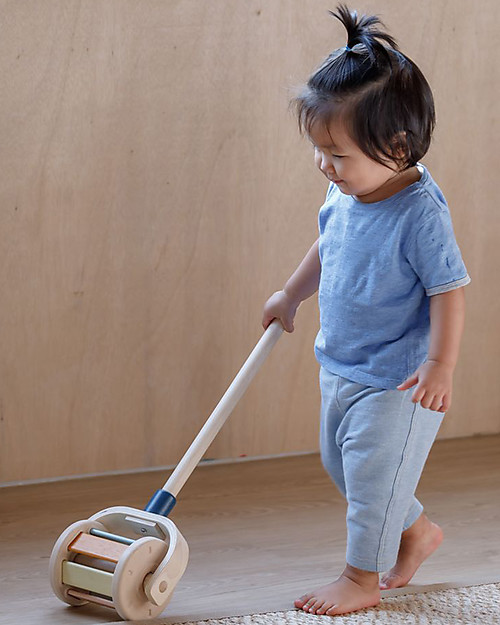 PlanToys Giocattolo da Spingere e Sonaglio in Legno Walk and Roll - Celeste e Arancio Carrello Primi Passi