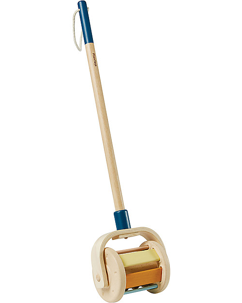 PlanToys Giocattolo da Spingere e Sonaglio in Legno Walk and Roll - Celeste e Arancio Carrello Primi Passi
