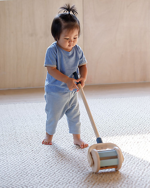PlanToys Giocattolo da Spingere e Sonaglio in Legno Walk and Roll - Celeste e Arancio Carrello Primi Passi