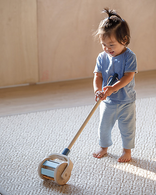 PlanToys Giocattolo da Spingere e Sonaglio in Legno Walk and Roll - Celeste e Arancio Carrello Primi Passi
