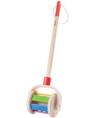 PlanToys Giocattolo da Spingere e Sonaglio in Legno, Walk and Roll Giochi da Tirare e Spingere