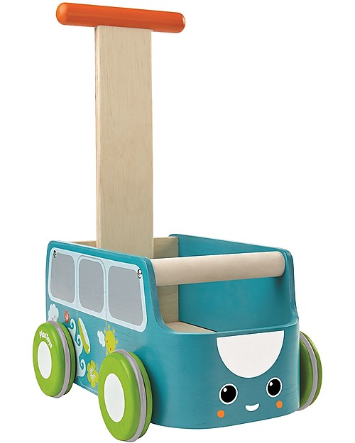 PlanToys Gioco in Legno Tirare e Spingere Furgocino, Azzurro - Migliora l'equilibrio e riordina Carrello Primi Passi