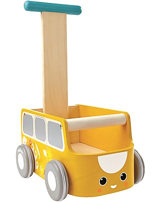 PlanToys Gioco in Legno Tirare e Spingere Furgocino, Giallo - Migliora l'equilibrio e riordina Trainabili