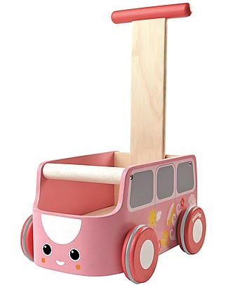 PlanToys Gioco in Legno Tirare e Spingere Furgocino, Rosa - Migliora l'equilibrio e riordina Giochi da Tirare e Spingere