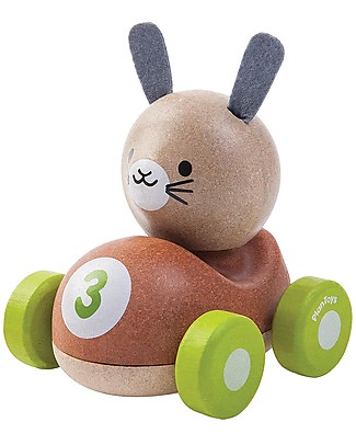 PlanToys Macchina da Corsa in Legno, Coniglietto, 11 cm - Eco-friendly e divertente! Macchine e Trenini in Legno
