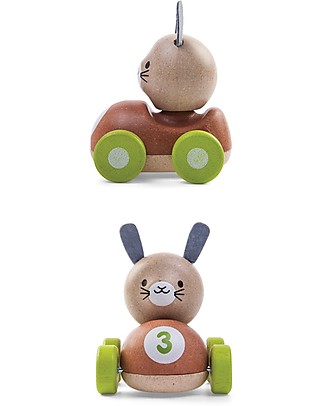 PlanToys Macchina da Corsa in Legno, Coniglietto, 11 cm - Eco-friendly e divertente! Macchine e Trenini in Legno