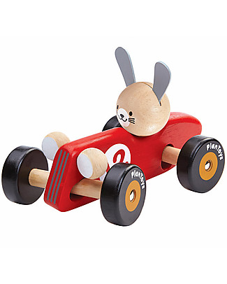 PlanToys Macchina da Corsa in Legno, Coniglietto, 16 cm - Eco-friendly e divertente! Giochi da Tirare e Spingere