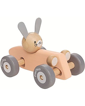 PlanToys Macchina da Corsa in Legno, Coniglietto - Inizia la Gara! Trainabili