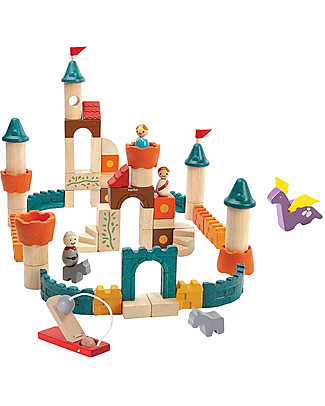 PlanToys Mattoncini Castello Fantasy in Legno - Comprende 60 pezzi, principe e principessa inclusi! Mattoncini da costruzione