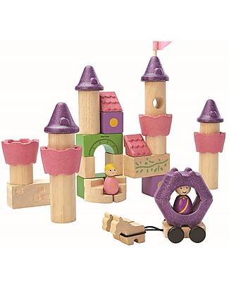 PlanToys Mattoncini Castello Fiaba in Legno - Comprende 35 pezzi, principe e principessa inclusi! Figurine e Set da Gioco