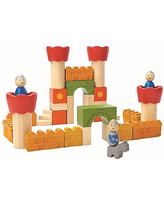 PlanToys Mattoncini Castello Medievale in Legno - Comprende 35 pezzi, cavalieri inclusi! Figurine e Set da Gioco