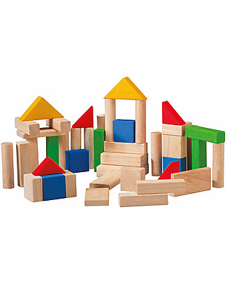 PlanToys Mattoncini in Legno Colorati e Naturali - Comprende 50 pezzi Mattoncini da costruzione
