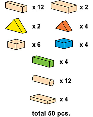 PlanToys Mattoncini in Legno Colorati e Naturali - Comprende 50 pezzi Mattoncini da costruzione
