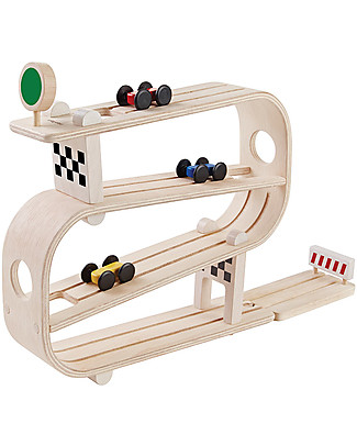 PlanToys Pista per Macchinine in Legno - Veicoli Inclusi! Macchine e Trenini in Legno