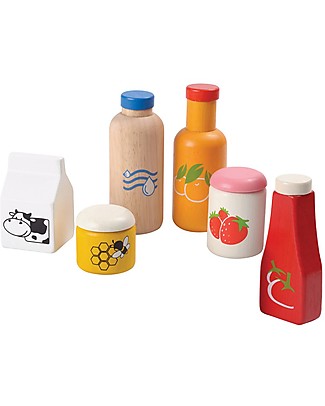 PlanToys Set di Bottiglie in Legno per Cibo e Bibite - Ecologico e Divertente! Cucine Giocattolo e Cibo Finto