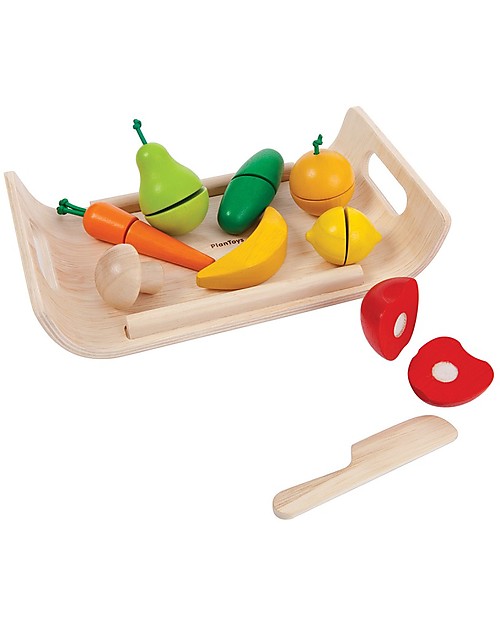 PlanToys Set di Frutta e Verdura Assortita in Legno - Ecologico e Divertente! Cibo Giocattolo