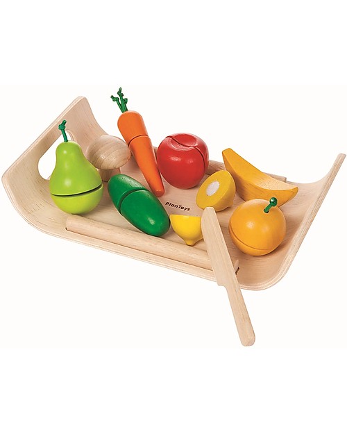 PlanToys Set di Frutta e Verdura Assortita in Legno - Ecologico e Divertente! Cibo Giocattolo