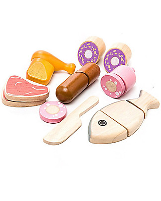 PlanToys Set Gioco in Legno Carne e Pesce - Ecologico e Divertente! Cucine Giocattolo e Cibo Finto