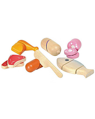 PlanToys Set Gioco in Legno Carne e Pesce - Ecologico e Divertente! Cucine Giocattolo e Cibo Finto