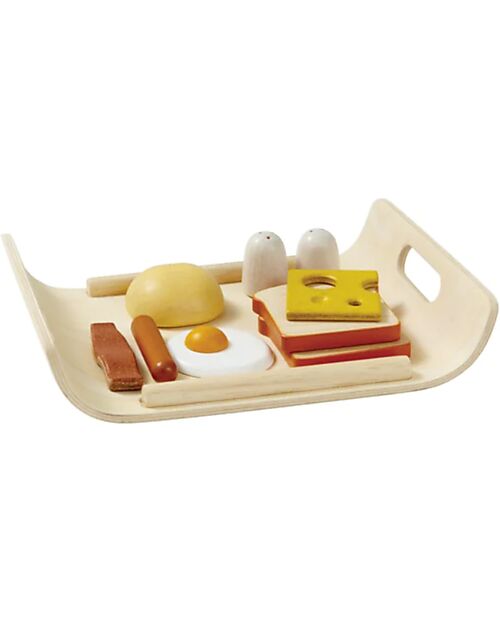 PlanToys Set Gioco in Legno Colazione all'Inglese con Vassoio - Diverte ed educa! Cibo Giocattolo