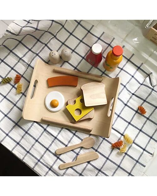 PlanToys Set Gioco in Legno Colazione all'Inglese con Vassoio - Diverte ed educa! Cibo Giocattolo
