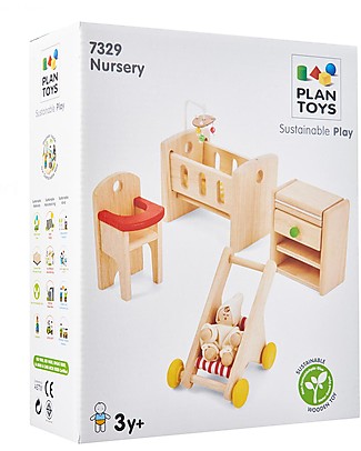 PlanToys Set Gioco in Legno Nursery - con Comodino, Passeggino, Culla e Seggiolone! Far finta di