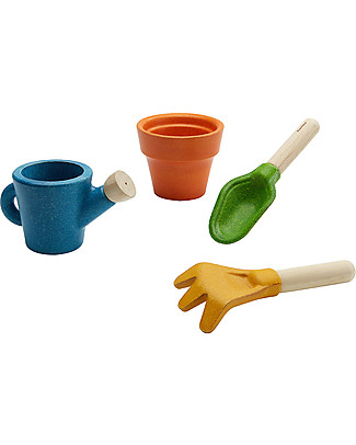 PlanToys Set per il Giardinaggio - Paletta + Rastrello + Vaso + Annaffiatoio Giochi da Giardinaggio