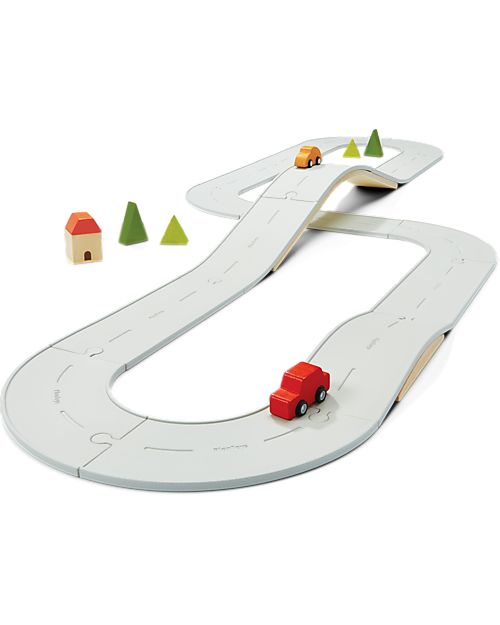 PlanToys Set Pista in Gomma - Road & Rail - Large - 26 Pezzi - Stimola Fantasia e Manualità Macchine e Trenini  in Legno