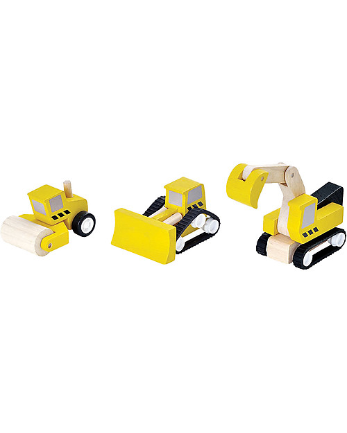 PlanToys Set Veicoli da Costruzione in Legno: Escavatore, Rullo Compressore e Ruspa Macchine e Trenini  in Legno