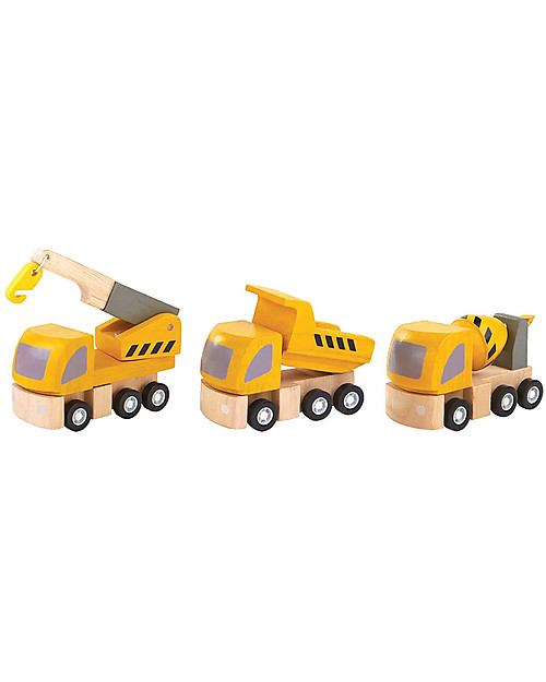 PlanToys Set Veicoli in Legno: Gru, Autocarro e Betoniera Macchine e Trenini  in Legno